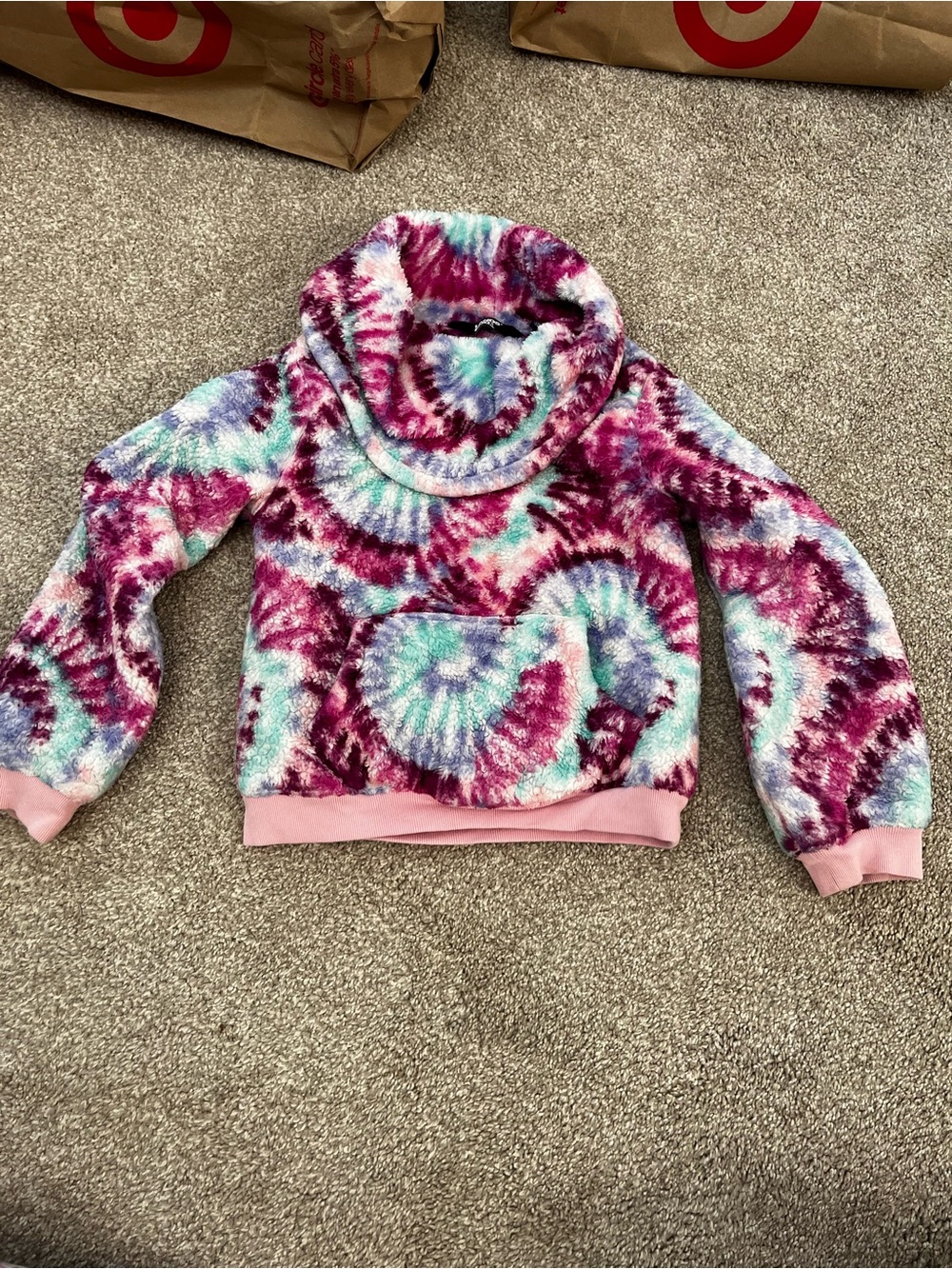Lands' End Tie-Dye Funnel Neck Plush Sweater - Pink, Purple & Teal